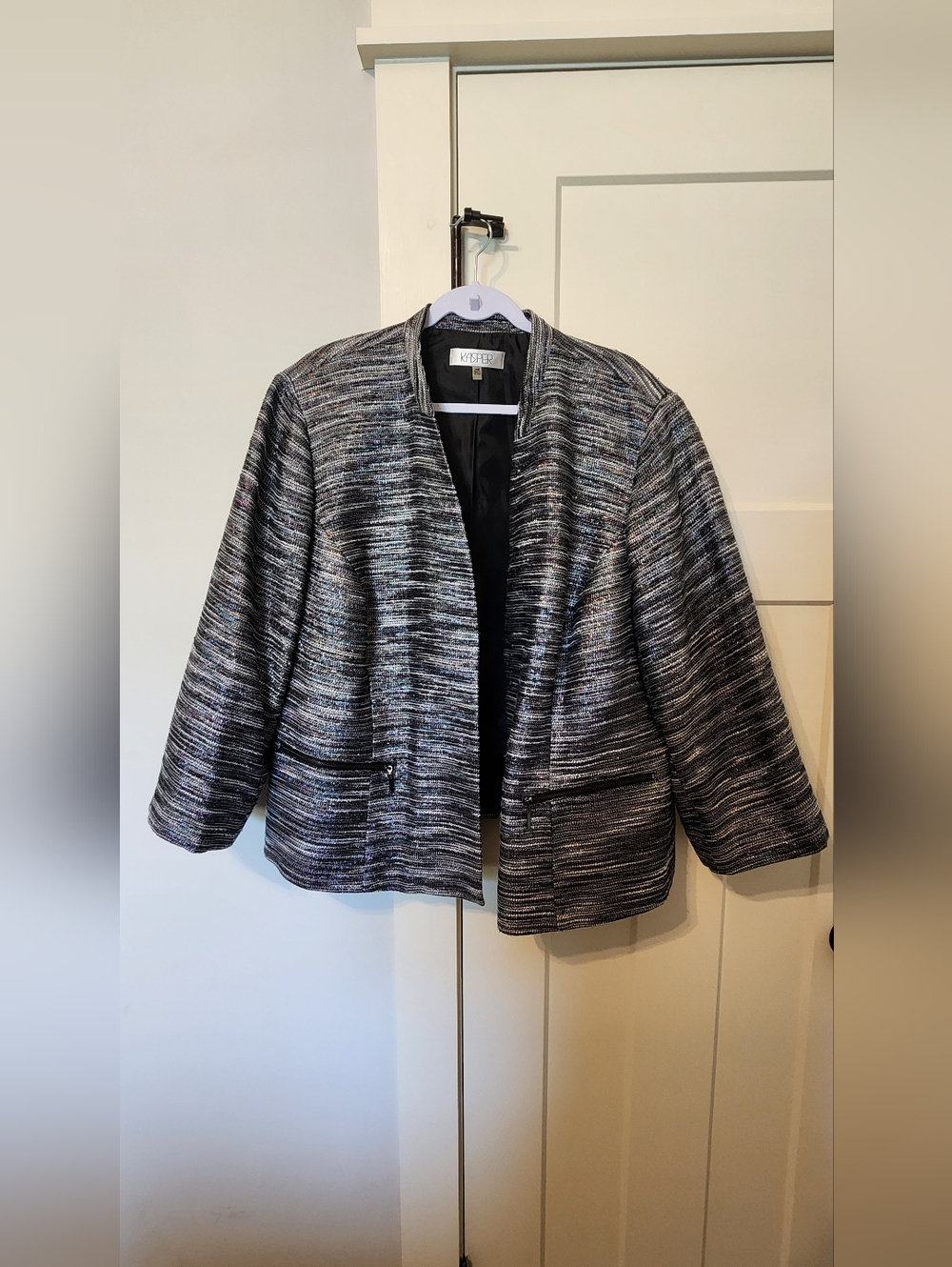Kasper Open Front Colorful Metallic Tweed Jacket Size 24W